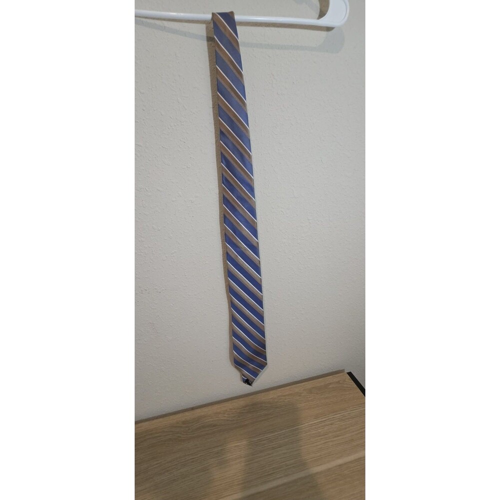 STAFFORD Tailored Culture Men’s Silk Neck Tie Blue Tan White Striped